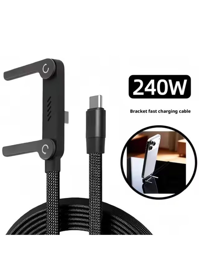 Basemo Phone Stand and Charger – 240W Ultra Fast Charging Type-C to Type-C Cable with Integrated Phone Stand, 2-in-1 Sideways Charger Braided PD Cable for iPhone, Redmagic, Samsung, Android, Tablets, Laptops & USB-C Devices - Image 1